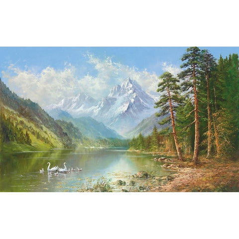 SWAN FAMILY IN SPRINGTIME Gold Ornate Wood Framed Art Print with Double Matting by Glassl, Helmut