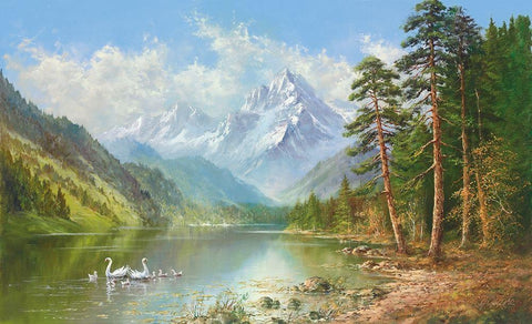 SWAN FAMILY IN SPRINGTIME Black Ornate Wood Framed Art Print with Double Matting by Glassl, Helmut