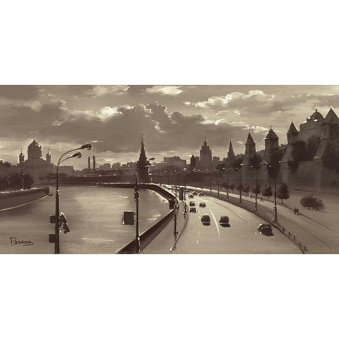 The Moscow Kremlin River Walk Gold Ornate Wood Framed Art Print with Double Matting by Ryazanov
