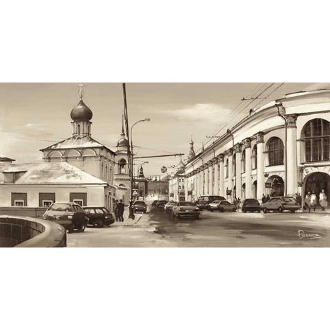 Warwarka Street Moscow Black Modern Wood Framed Art Print with Double Matting by Ryazanov