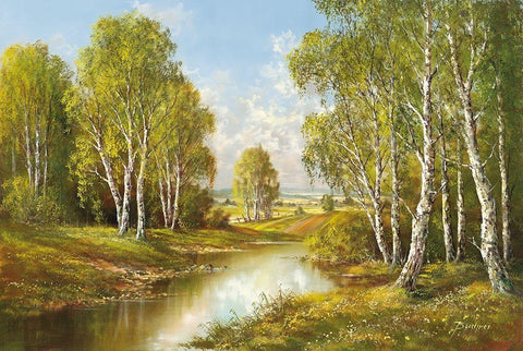 BIRCHES IN SPRINGTIME White Modern Wood Framed Art Print with Double Matting by Buchner, H.