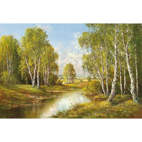 BIRCHES IN SPRINGTIME Black Modern Wood Framed Art Print by Buchner, H.