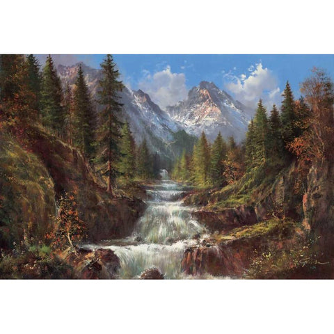 Waterfall In The Carpathians White Modern Wood Framed Art Print by Glassl, Helmut
