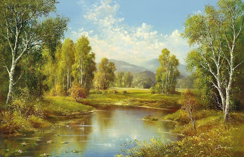 A RIVER Landscape White Modern Wood Framed Art Print with Double Matting by Buchner, H.
