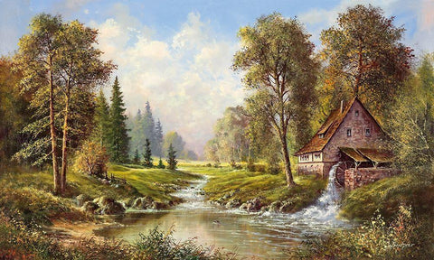 OLD MILL Black Ornate Wood Framed Art Print with Double Matting by Buchner, H.