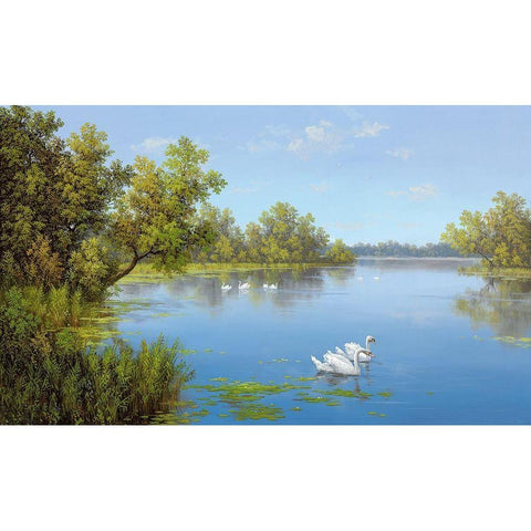RIVER WITH SWANS II Gold Ornate Wood Framed Art Print with Double Matting by Slava