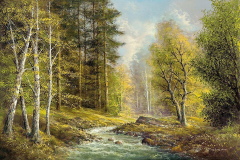 BROOK IN THE VALLEY Black Ornate Wood Framed Art Print with Double Matting by Buchner, H.
