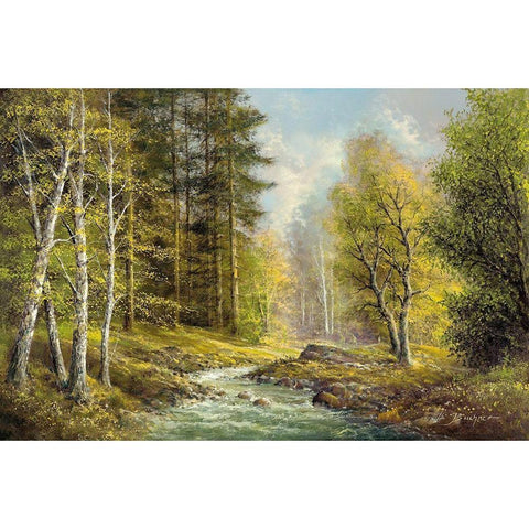 BROOK IN THE VALLEY Gold Ornate Wood Framed Art Print with Double Matting by Buchner, H.