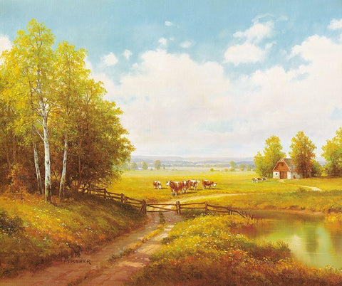 COWS AT PASTURE White Modern Wood Framed Art Print with Double Matting by Weber, Max