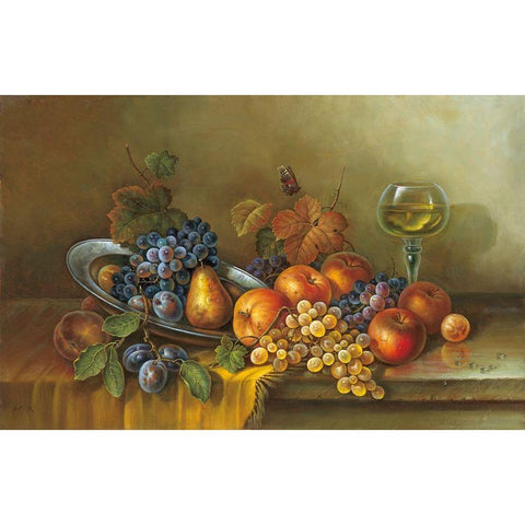 FRUITS AND A GLASS OF WINE Gold Ornate Wood Framed Art Print with Double Matting by Pila