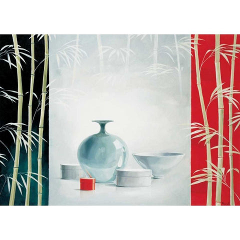 Bamboo and bowls II White Modern Wood Framed Art Print by Renee