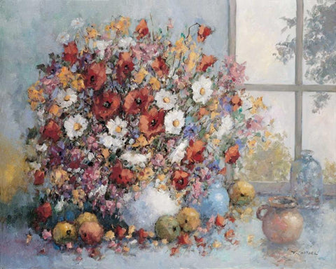 Colorful flowers in vase White Modern Wood Framed Art Print with Double Matting by van de Poel, Theo