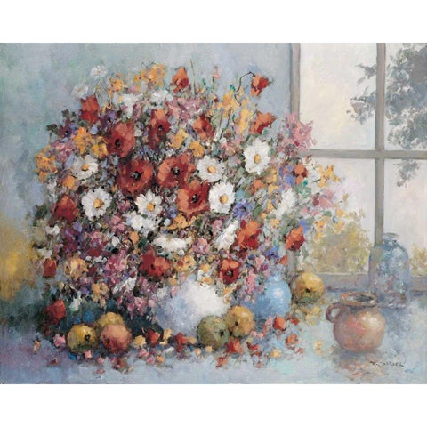 Colorful flowers in vase White Modern Wood Framed Art Print by van de Poel, Theo