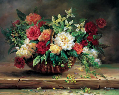 Flowers in basket Black Ornate Wood Framed Art Print with Double Matting by Stevens, Jo