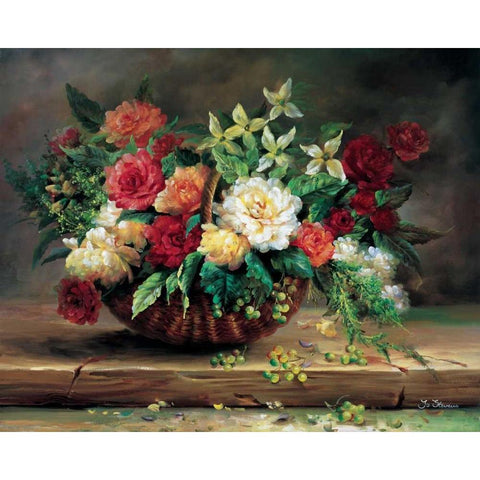 Flowers in basket Black Modern Wood Framed Art Print with Double Matting by Stevens, Jo