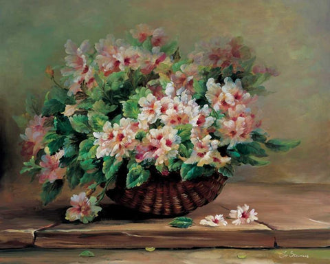 Pink flowers in basket Black Ornate Wood Framed Art Print with Double Matting by Stevens, Jo