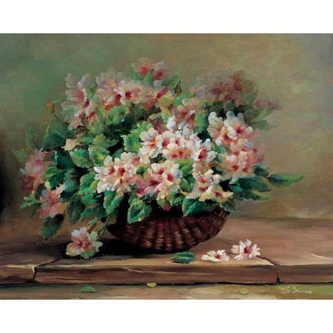Pink flowers in basket Black Modern Wood Framed Art Print by Stevens, Jo