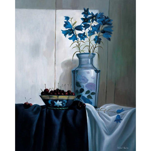 Stillife in blue with cherries Black Modern Wood Framed Art Print by Harris, Michael