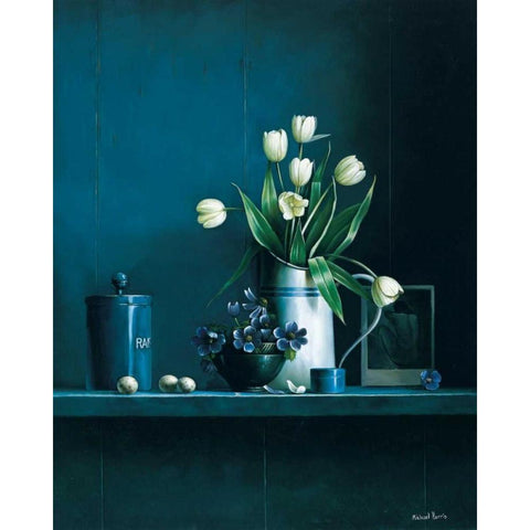 Stillife in blue with tulips Gold Ornate Wood Framed Art Print with Double Matting by Harris, Michael