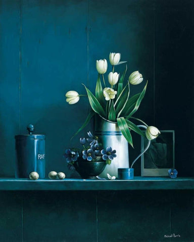 Stillife in blue with tulips Black Ornate Wood Framed Art Print with Double Matting by Harris, Michael