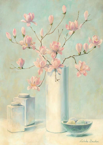 Pink flowers I White Modern Wood Framed Art Print with Double Matting by Boucher, Nathalie