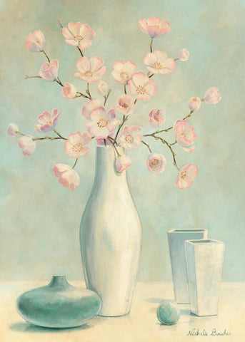 Pink flowers II White Modern Wood Framed Art Print with Double Matting by Boucher, Nathalie