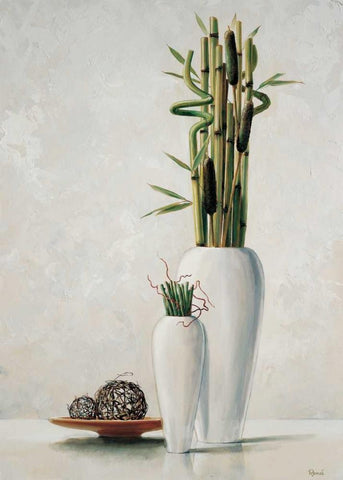 Bamboo in white vase I Black Ornate Wood Framed Art Print with Double Matting by Renee