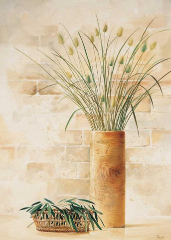 Grass in vase I White Modern Wood Framed Art Print with Double Matting by Renee