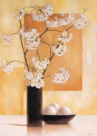 White blossom I White Modern Wood Framed Art Print with Double Matting by Renee