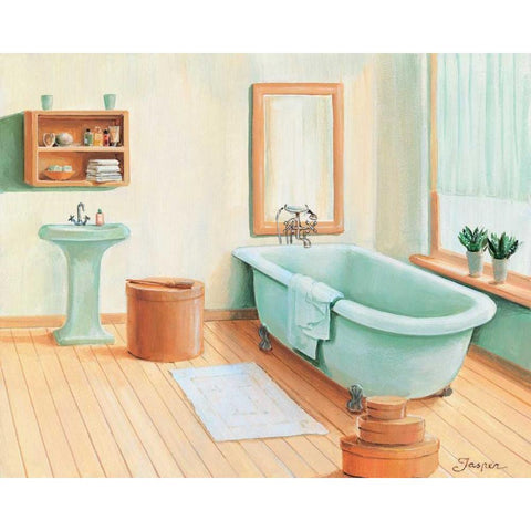 Bathroom in green I White Modern Wood Framed Art Print by Jasper