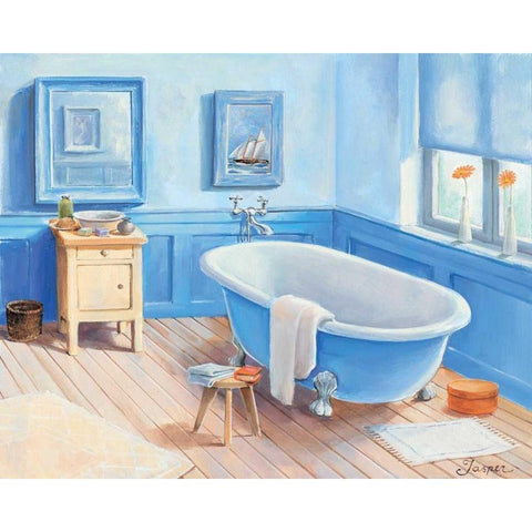 Bathroom in blue I White Modern Wood Framed Art Print by Jasper