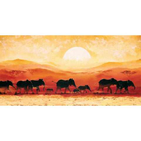 Elephants in sunset White Modern Wood Framed Art Print by Renee