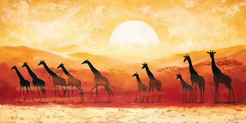 Giraffes in sunset White Modern Wood Framed Art Print with Double Matting by Renee