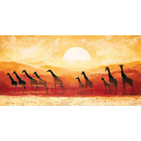 Giraffes in sunset Gold Ornate Wood Framed Art Print with Double Matting by Renee