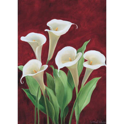 Calla on burgundy II Black Modern Wood Framed Art Print with Double Matting by Schweser, Gertrud