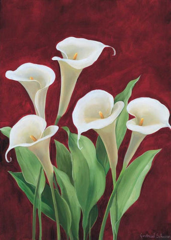 Calla on burgundy II Black Ornate Wood Framed Art Print with Double Matting by Schweser, Gertrud