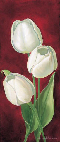 Tulips on burdundy I White Modern Wood Framed Art Print with Double Matting by Schweser, Gertrud