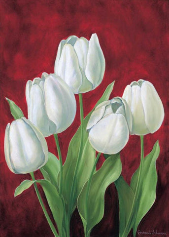 Tulips on burdundy II White Modern Wood Framed Art Print with Double Matting by Schweser, Gertrud
