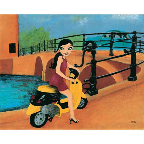 Scooter fun III White Modern Wood Framed Art Print by Hedy