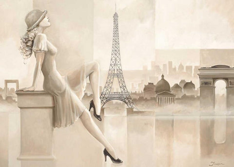 Paris girl White Modern Wood Framed Art Print with Double Matting by Jasper