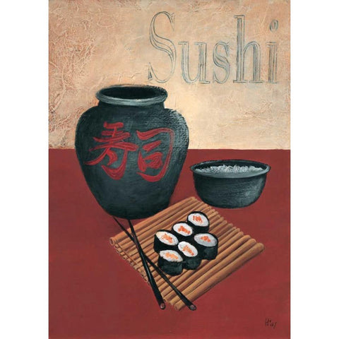 Sushi Black Modern Wood Framed Art Print with Double Matting by Hedy