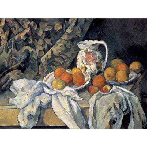 Still Life with a Curtain and Pitcher Black Modern Wood Framed Art Print by Cezanne, Paul