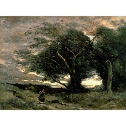 Gust of Wind Black Modern Wood Framed Art Print with Double Matting by Corot, Jean-Baptiste-Camille