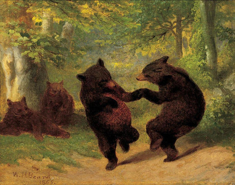 Dancing Bears White Modern Wood Framed Art Print with Double Matting by Beard, William H.