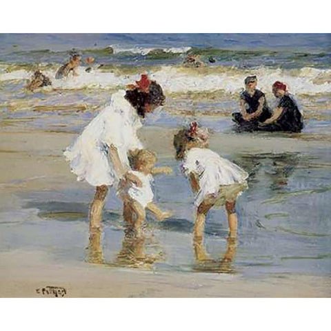 Children Playing At The Seashore White Modern Wood Framed Art Print by Potthast, Edward Henry