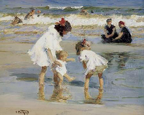 Children Playing At The Seashore Black Ornate Wood Framed Art Print with Double Matting by Potthast, Edward Henry