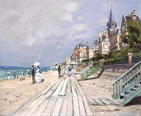 Beach at Trouville Black Ornate Wood Framed Art Print with Double Matting by Monet, Claude