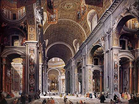 Interior Of St. Peters, Rome Black Ornate Wood Framed Art Print with Double Matting by Panini, Giovanni Paolo