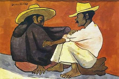 Pareja Indigena White Modern Wood Framed Art Print with Double Matting by Rivera, Diego