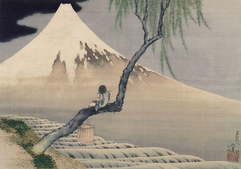 Boy Viewing Mount Fuji, 1839 White Modern Wood Framed Art Print with Double Matting by Hokusai, Katsushika